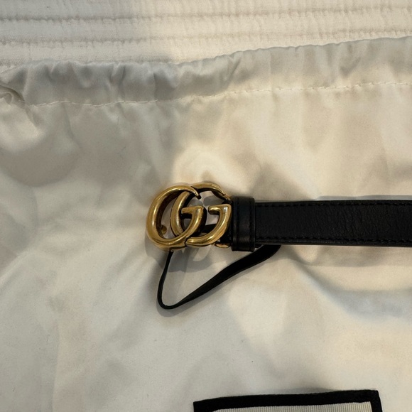 Gucci GG Marmont Thin Black Leather Belt with Gold Buckle